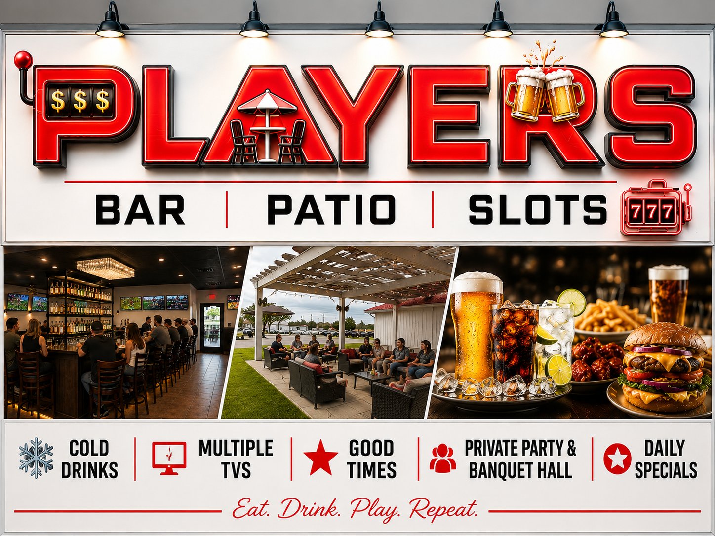 The bar and patio at Players